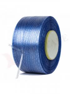Blue adhesive tape roll on white background.