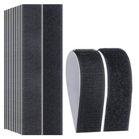 Black hook and loop fastener strips.