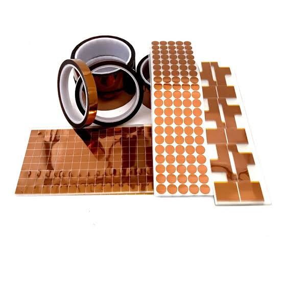 Copper adhesive tapes and shapes on display.
