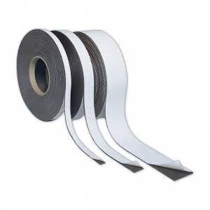 Rolls of adhesive magnetic tape strips.