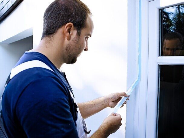 Man applying tape around window frame.