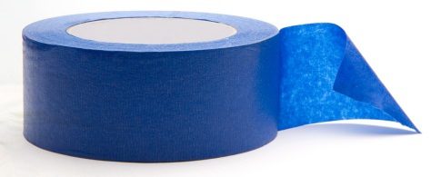 Blue adhesive tape roll on white background.