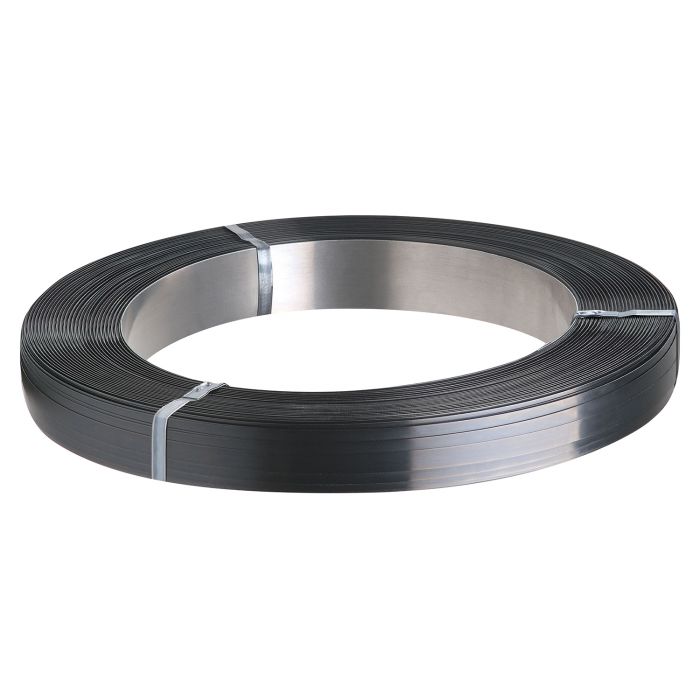 Coiled steel strap with metallic finish.