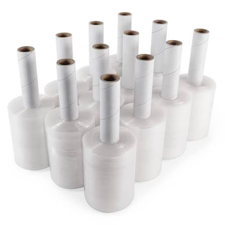 Multiple rolls of clear stretch film.
