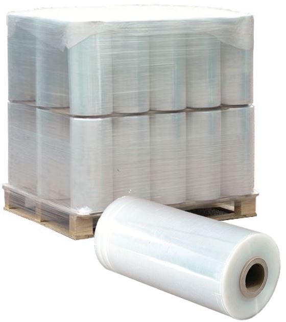 Plastic wrap rolls stacked on wooden pallet.