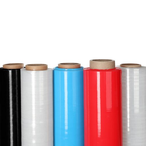 Colorful rolls of plastic wrap on display.