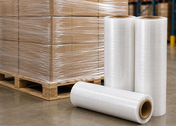 Plastic wrap rolls beside wrapped pallet.