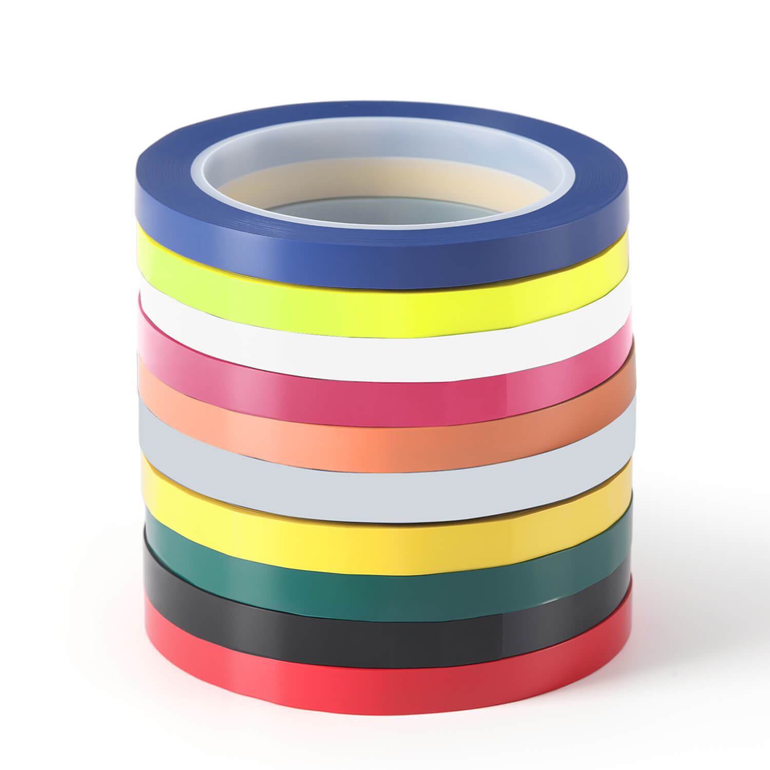 Stacked colorful rolls of adhesive tape.