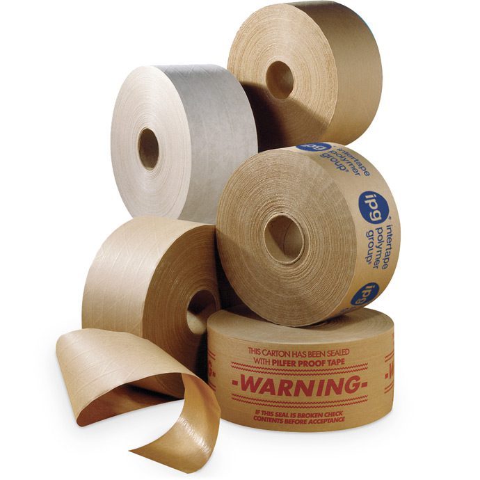 Rolls of various packaging tapes stacked.