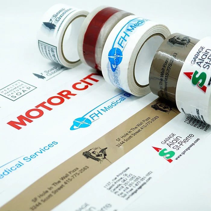 Custom printed packaging tape on display.