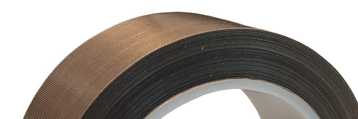 Brown adhesive tape roll on white background.