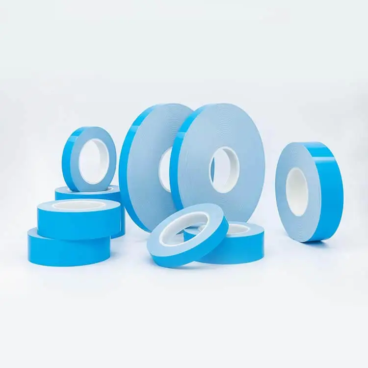Group of blue double-sided foam tape on a white background