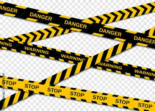 Yellow and black caution tape with the word "Danger" written on it, set against a transparent background