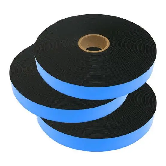Roll of black and blue foam tape on a white background