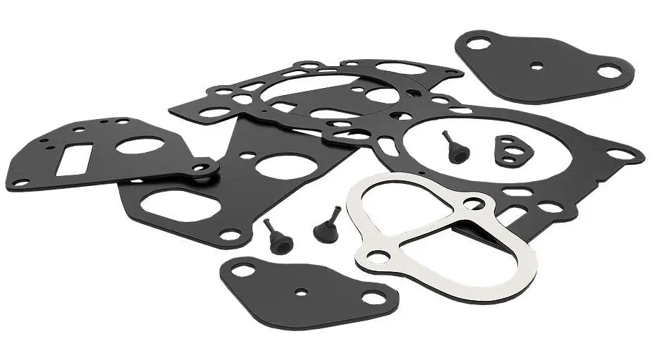 Set of black and white carburetor gaskets on a white background, specifically for a Briggs & Stratton carburetors