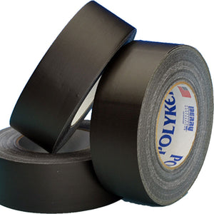 Two rolls of black polyken cloth tape on a white background
