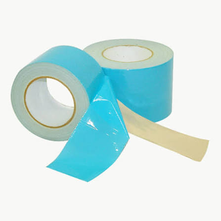 Blue and white adhesive tape roll.