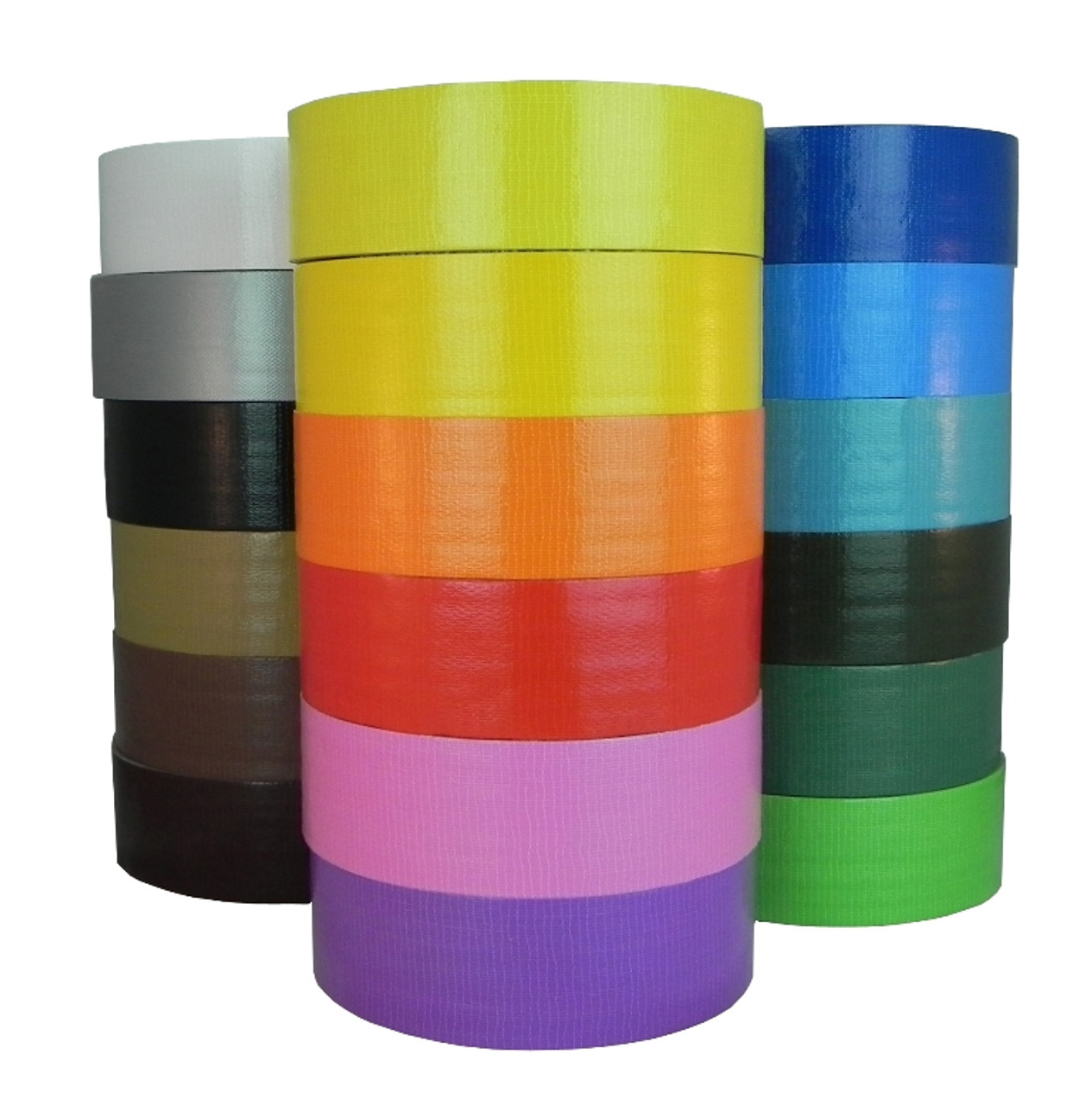 Colorful rolls of duct tape, stacked vertically.